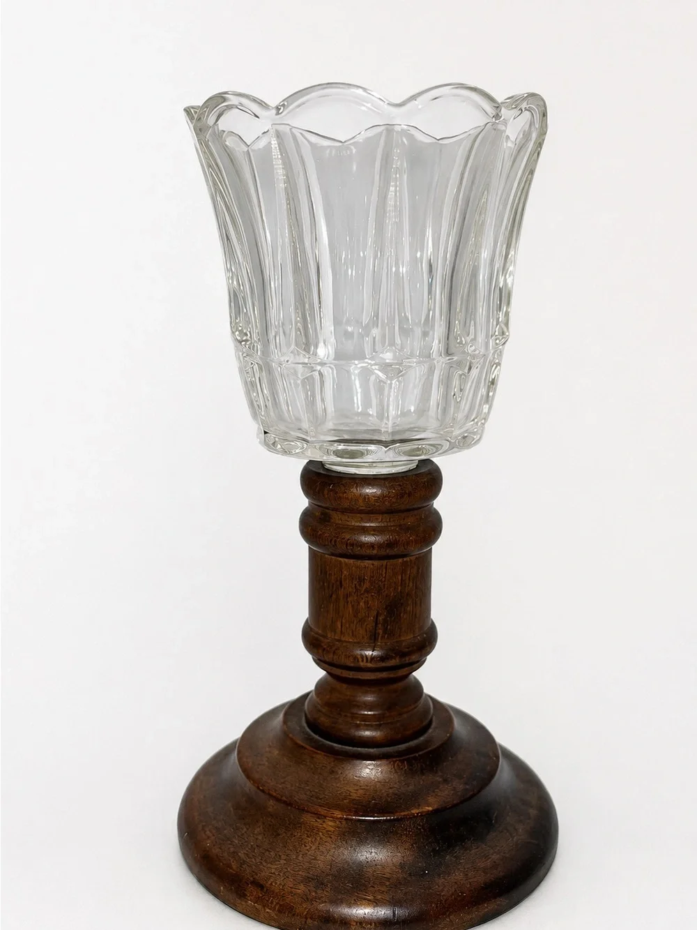 Vintage Wooden Candlestick with Clear Scalloped Glass Hurricane Shade – 6.5”